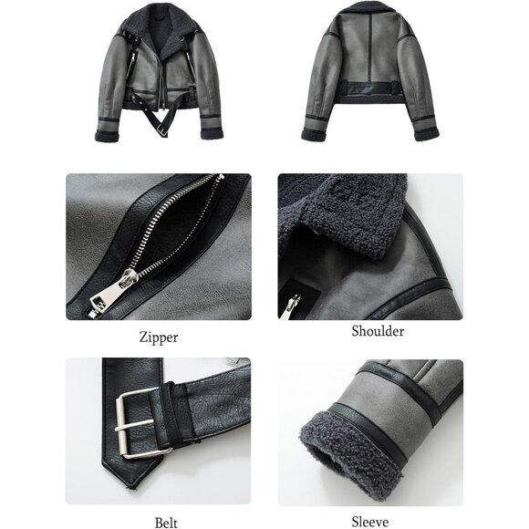Women Faux Lamb Fur Leather Short Jacket Lapel Zipper Bomber Aviator Coat Grey - Picture 9 of 9